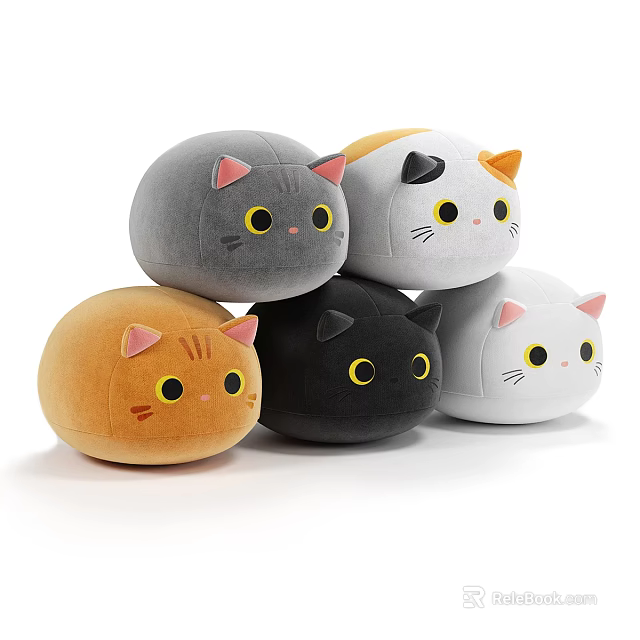 Cute Round Cat Plush Toys With Various Colors Yellow Eyes And Pink Ears 3d model 