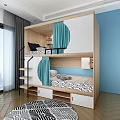 Modern Wooden Bunk Bed with Blue Curtains Stairs Storage and Patterned Mattress