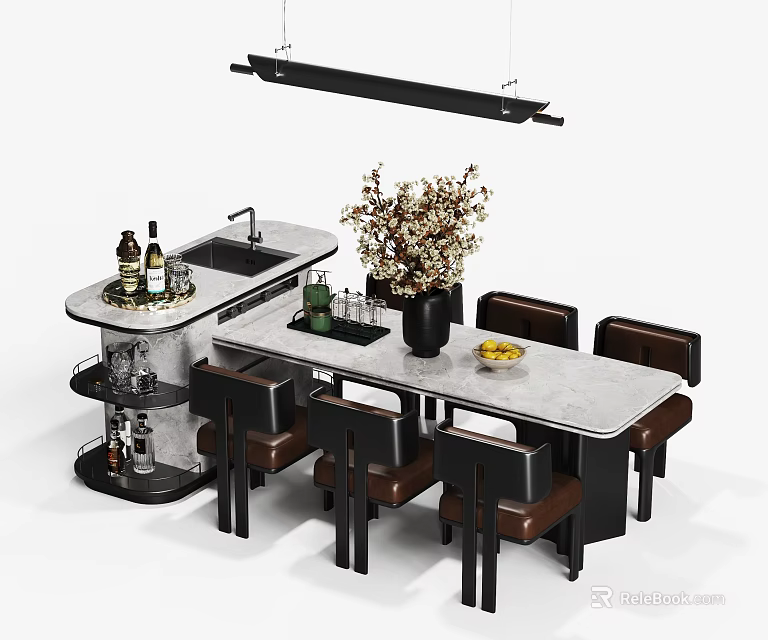 Dining Table Set with Brown Leather Chairs Gray Countertop Flower Arrangement and Hanging Light Fixture 3d model 