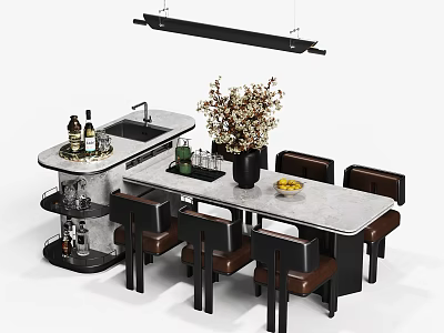 Dining Table Set with Brown Leather Chairs Gray Countertop Flower Arrangement and Hanging Light Fixture 3d model