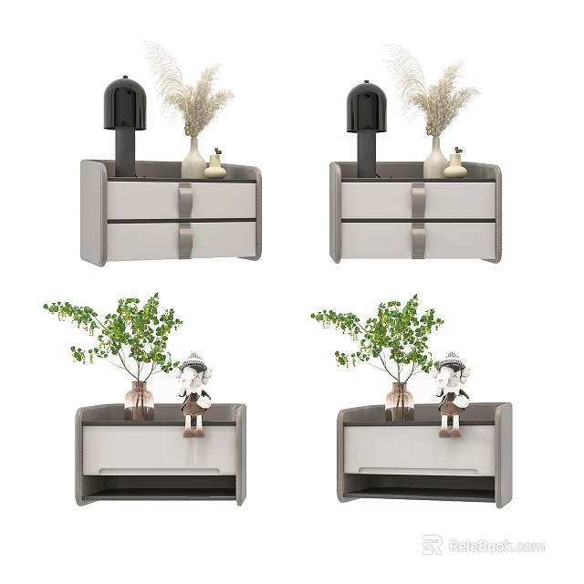 Modern Nightstand Design With Table Lamp Dried Plants Green Plant And Small Figurine 3d model 