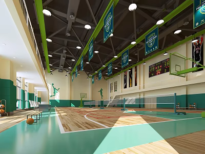 Indoor Basketball Gym With Wooden Floor Hanging Banners Scoreboard And Lights 3d model