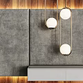 Vertical Wooden Slat Bedroom Accent Wall With Gray Concrete Panel And Hanging Globe Lights