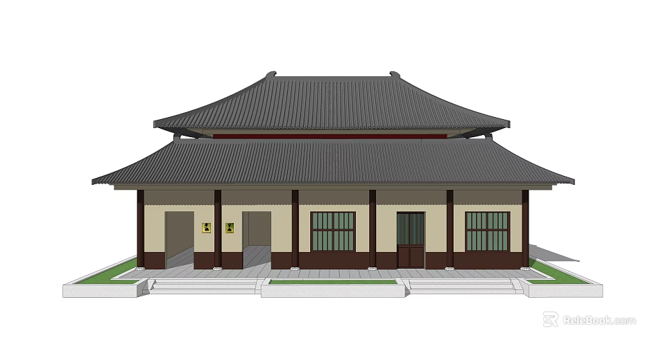Traditional Chinese Building with Two Story Black Tile Roof Yellow Pillars White Walls and Steps 3d model 