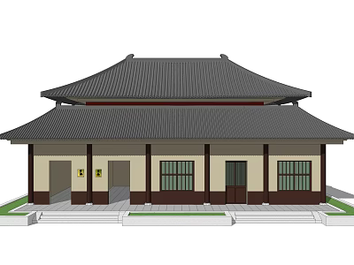 Traditional Chinese Building with Two Story Black Tile Roof Yellow Pillars White Walls and Steps 3d model