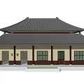 Traditional Chinese Building with Two Story Black Tile Roof Yellow Pillars White Walls and Steps