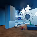 Modern Blue Restaurant Interior With Curved Bar Counter And Hanging Leaf Lamps