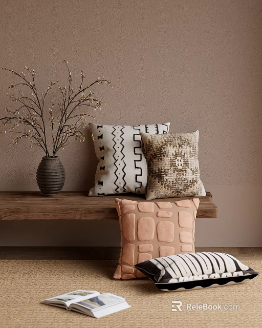 Patterned and Textured Decorative Pillows on Wooden Bench with Vase and Branches 3d model 