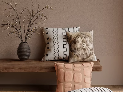 Patterned and Textured Decorative Pillows on Wooden Bench with Vase and Branches 3d model