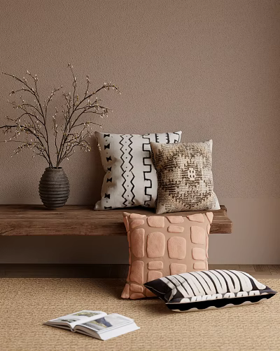 Patterned and Textured Decorative Pillows on Wooden Bench with Vase and Branches 3d model