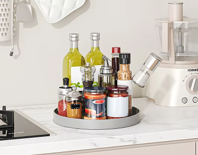 Condiment Bottles Organized On Rotating Tray With Various Seasonings In Modern Kitchen 3d model