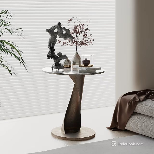 Modern Side Table With Decorative Items Next To Sofa And Green Plant 3d model