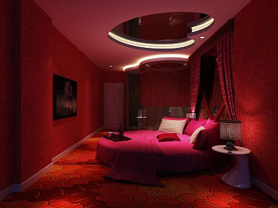 Hotel Guest Room With Red Walls And Carpet Pink Bedding Circular Ceiling Lights And Curtains 3d model