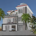 Modern White Exterior Detached Villa With Red Tile Roof Balcony And Palm Tree Garden Courtyard