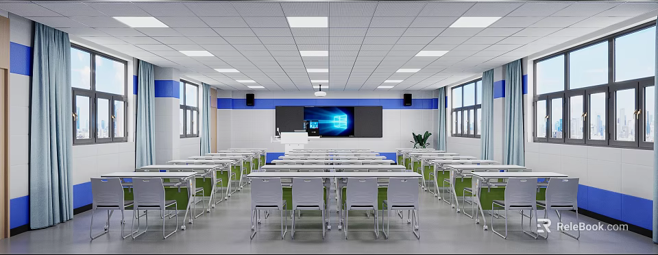 School Modern Classroom With White Desks Green Leg Chairs Large Screen Blue Decorations And Windows 3d model 