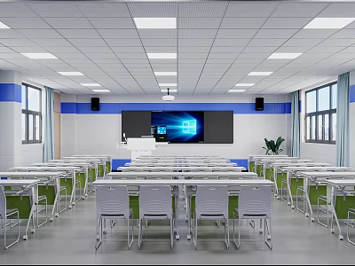 School Modern Classroom With White Desks Green Leg Chairs Large Screen Blue Decorations And Windows 3d model