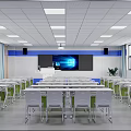 School Modern Classroom With White Desks Green Leg Chairs Large Screen Blue Decorations And Windows