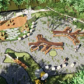 Park Landscape With Bamboo Fences Wooden Benches Stone Paths Green Plants And Small Bee Decorations