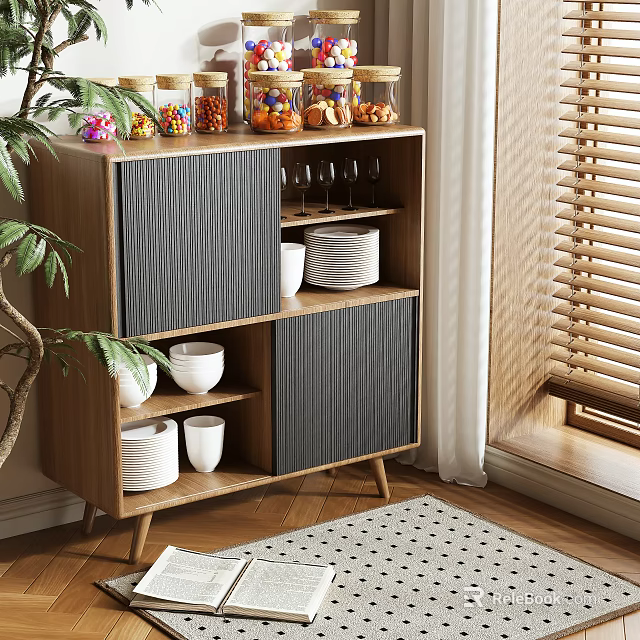 Modern Wooden Sideboard Cabinet with Striped Gray Doors Wine Glasses White Bowls and Green Plant 3d model 