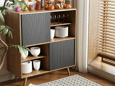 Modern Wooden Sideboard Cabinet with Striped Gray Doors Wine Glasses White Bowls and Green Plant 3d model