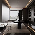 Modern Luxury Living Dining Room With Black Sofa Marble Floor Coffee Table And Wall Art