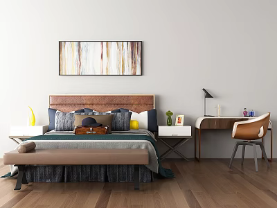 Double Bed Bedroom Interior With Headboard Pillows Painting Nightstands Desk Chair 3d model