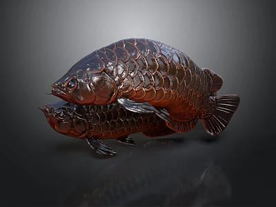 Two Copper Fish Sculptures With Intricate Scales And Shiny Decorative Finish 3d model