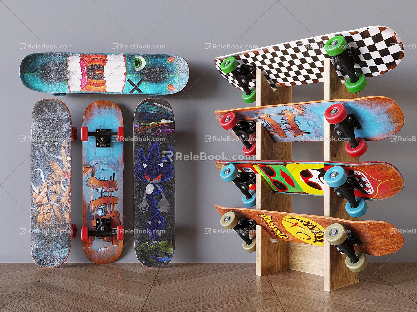 Graffiti Skateboard Combination Hip Hop Culture Skateboard Personality Skateboard Sports Equipment 3d model