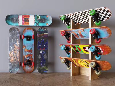 Sports Equipment Skateboards with Various Graphic Designs and Colorful Wheels on Wall and Display Shelf 3d model