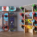Sports Equipment Skateboards with Various Graphic Designs and Colorful Wheels on Wall and Display Shelf