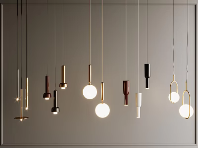 Modern Pendant Lights Design With Hanging Spherical and Cylindrical Gold Black White Metallic Illuminated Fixtures 3d model