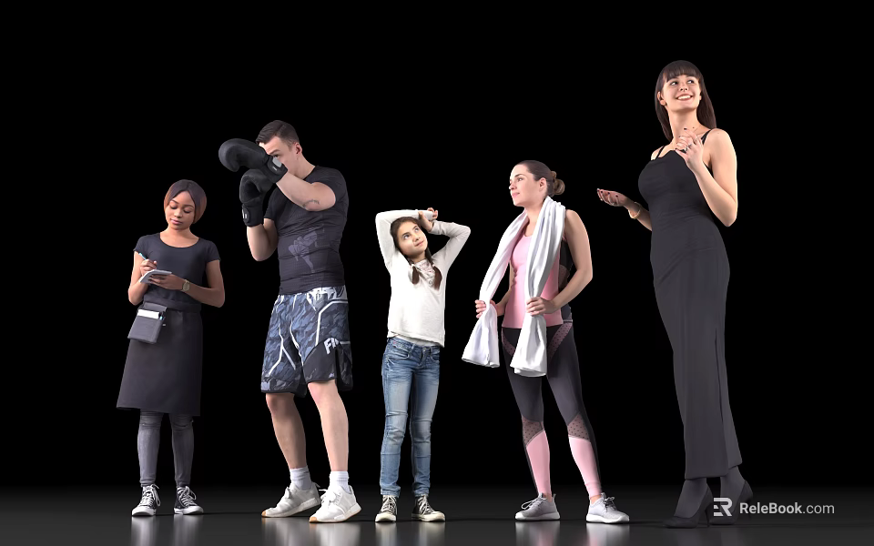 Diverse Group of People in Casual and Sporty Outfits Standing on Black Background 3d model 