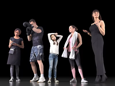 Diverse Group of People in Casual and Sporty Outfits Standing on Black Background 3d model