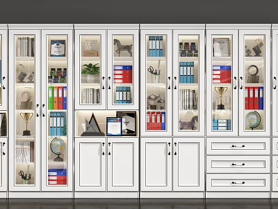 White Bookcase With Glass Doors And Various Books Trophies Plants Globe And Drawers 3d model