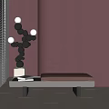 Modern Bench With Burgundy Wall Black Spherical Floor Lamp And Books On Table