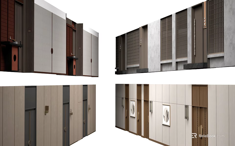 Modern Office Corridor Interior With Various Door Designs And Wall Materials 3d model 