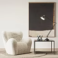Modern Minimalist Beige Textured Single Sofa With Metal Frame Side Table And Abstract Wall Art