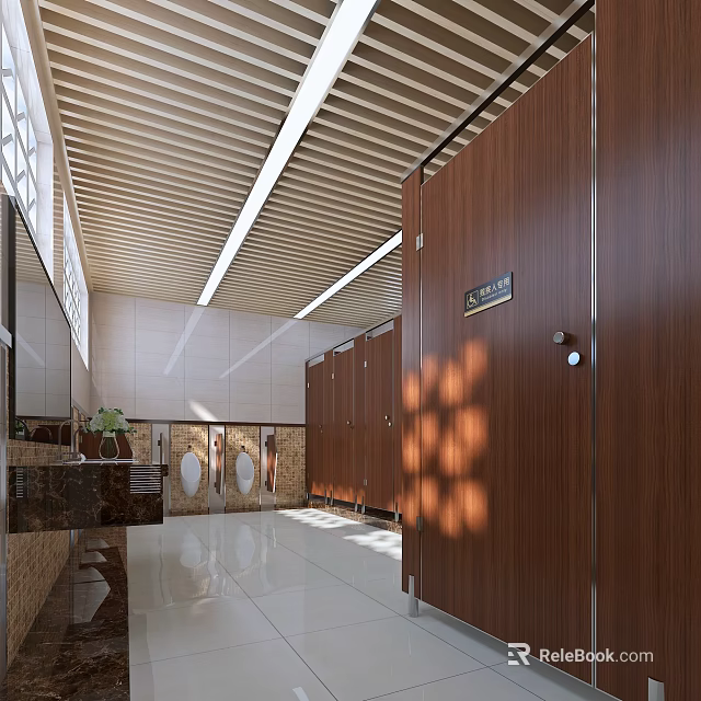 Public Toilet Interior With Wooden Stalls Mirrors Clean Sinks And Bright Lighting 3d model 