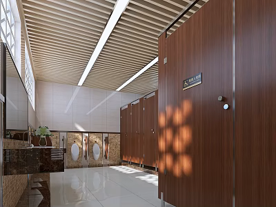 Public Toilet Interior With Wooden Stalls Mirrors Clean Sinks And Bright Lighting 3d model