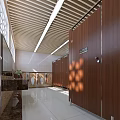 Public Toilet Interior With Wooden Stalls Mirrors Clean Sinks And Bright Lighting
