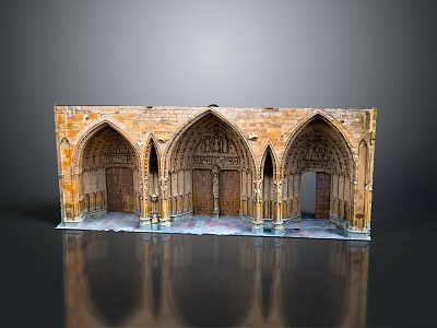 Arched Entrance Gate With Stone Structure Three Arches Carved Details Warm Brown Tone And Reflective Base 3d model