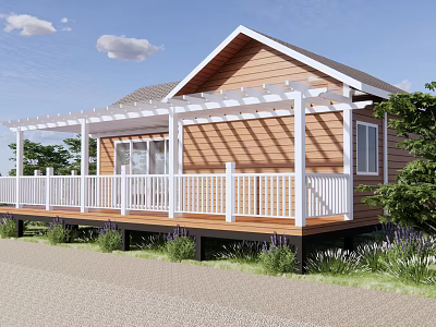 Wooden Cabin Outdoor Space With White Railings Pergola Lavender Trees And Paved Ground 3d model