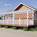 Wooden Cabin Outdoor Space With White Railings Pergola Lavender Trees And Paved Ground