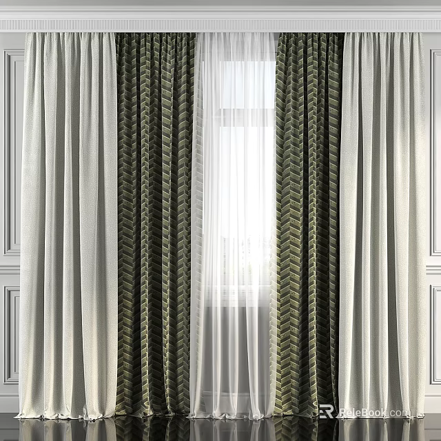 Layered Window Curtains With White Sheer And Dark Chevron Pattern Design 3d model