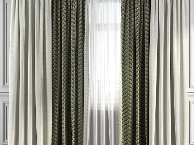 Layered Window Curtains With White Sheer And Dark Chevron Pattern Design 3d model