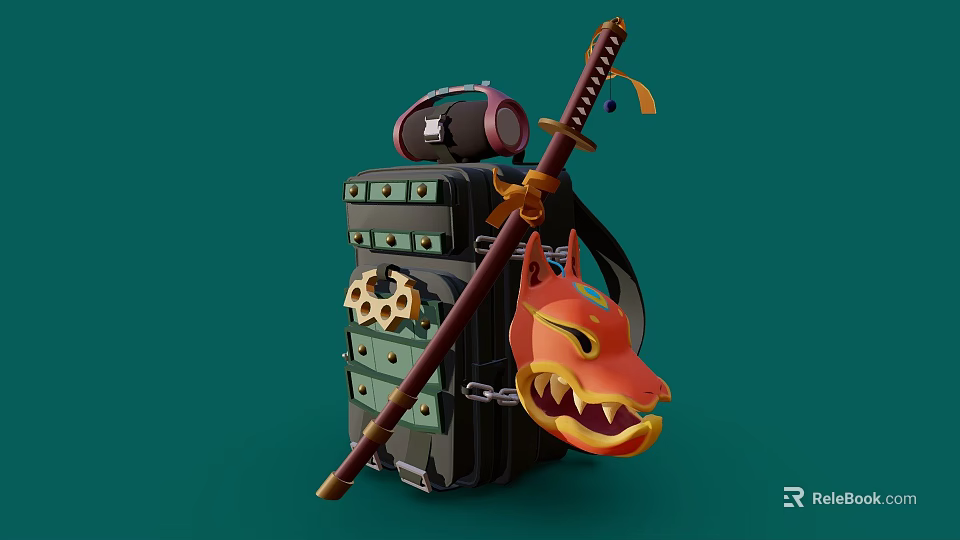 Black Backpack With Samurai Sword Fox Mask And Headphones On Green Background 3d model 