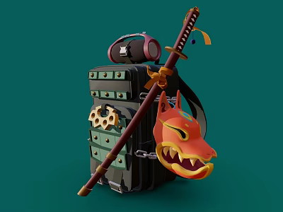 Black Backpack With Samurai Sword Fox Mask And Headphones On Green Background 3d model