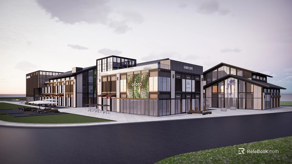 Modern Commercial Street Featuring Glass Facade Retail Shops And Outdoor Spaces 3d model 