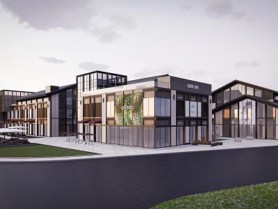 Modern Commercial Street Featuring Glass Facade Retail Shops And Outdoor Spaces 3d model