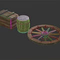 Vintage Wooden Wheel Display With Wooden Crate And Barrel On Gray Surface